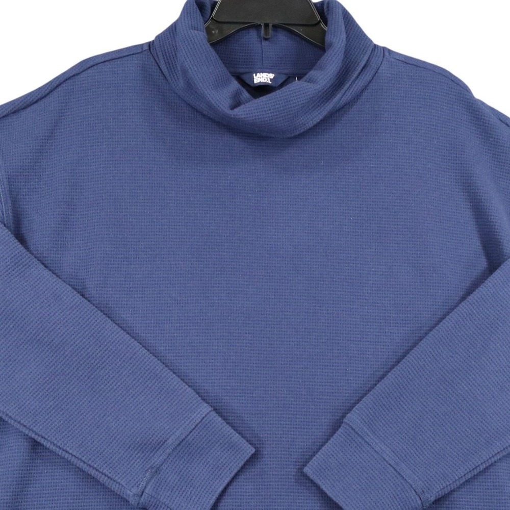 Lands End Waffle Knit Pullover Women XL Blue Cowl Neck Thermal Casual Wear